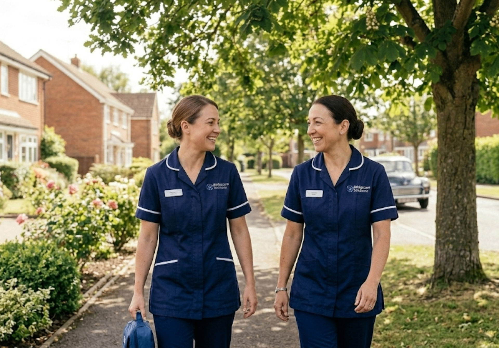 Bridgecare Solutions carers walking together in Hertfordshire — representing the agency's journey and community presence