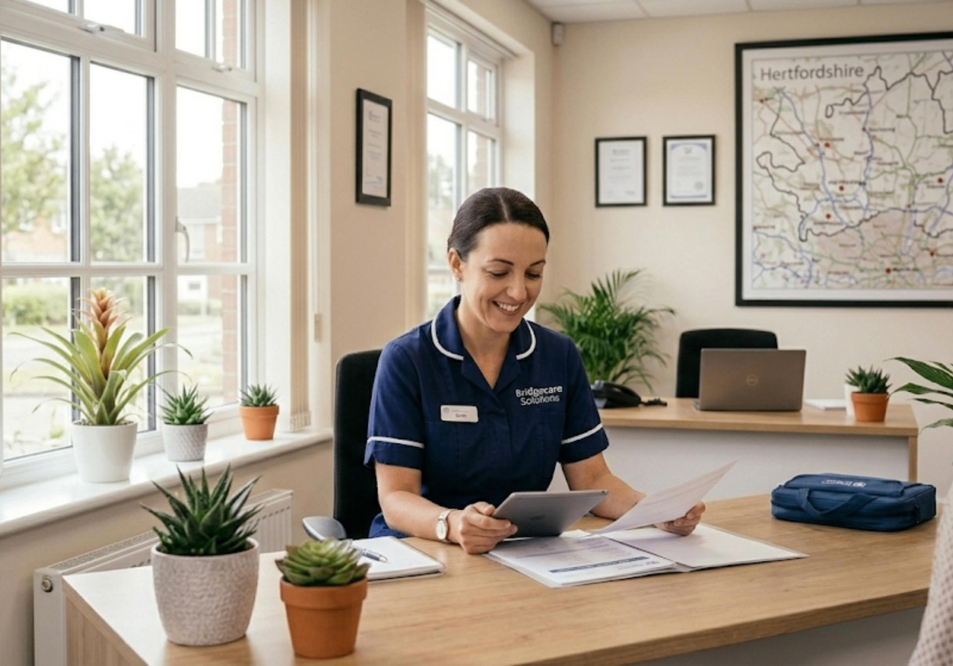 Bridgecare Solutions care coordinator at Stevenage office reviewing care plans for Hertfordshire clients