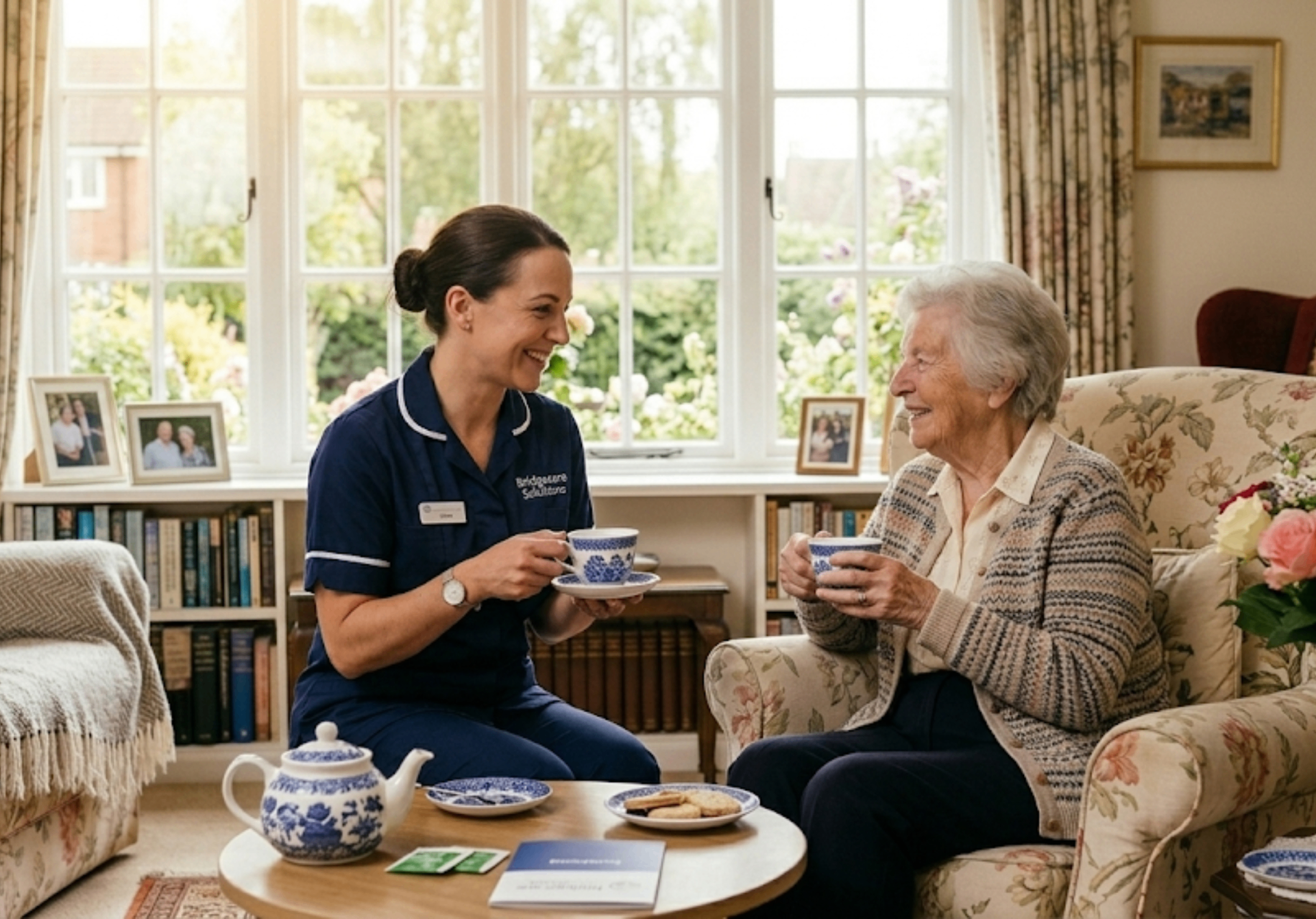 Bridgecare Solutions carer sharing tea with elderly client at home in Hatfield Hertfordshire