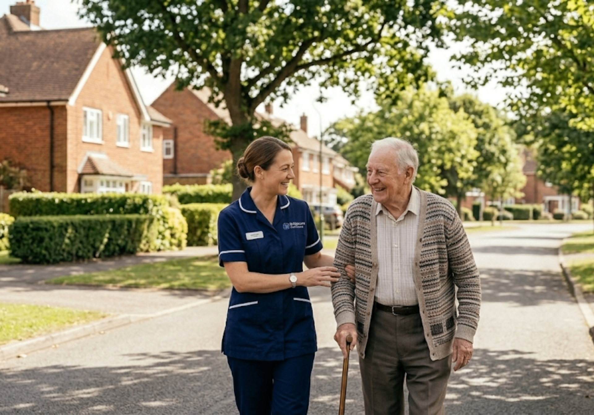 Bridgecare Solutions carer accompanying elderly client on a walk through Welwyn Garden City Hertfordshire