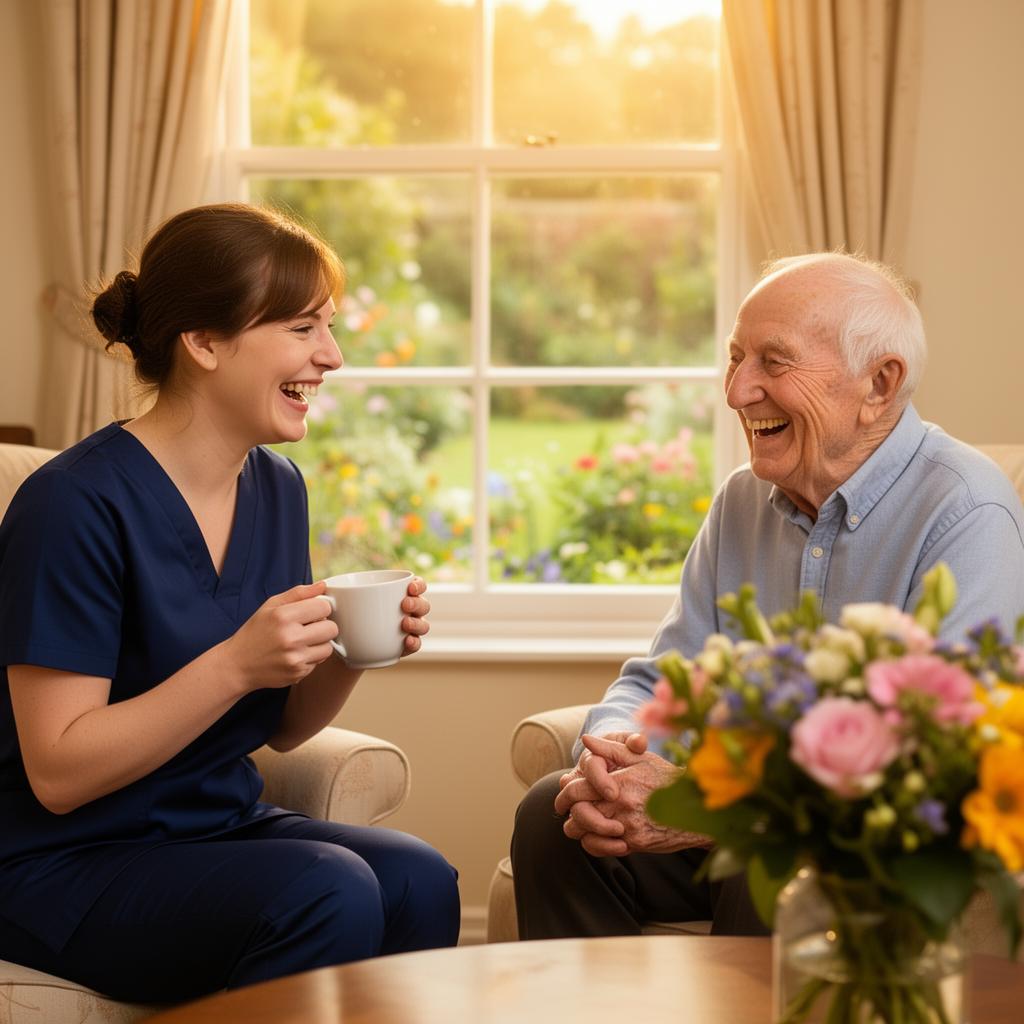 Bridgecare Solutions companionship carer enjoying conversation with elderly client at home in Hertfordshire