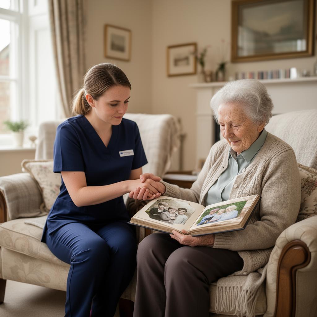 Bridgecare Solutions specialist dementia carer supporting elderly woman with memory care at home in Hertfordshire