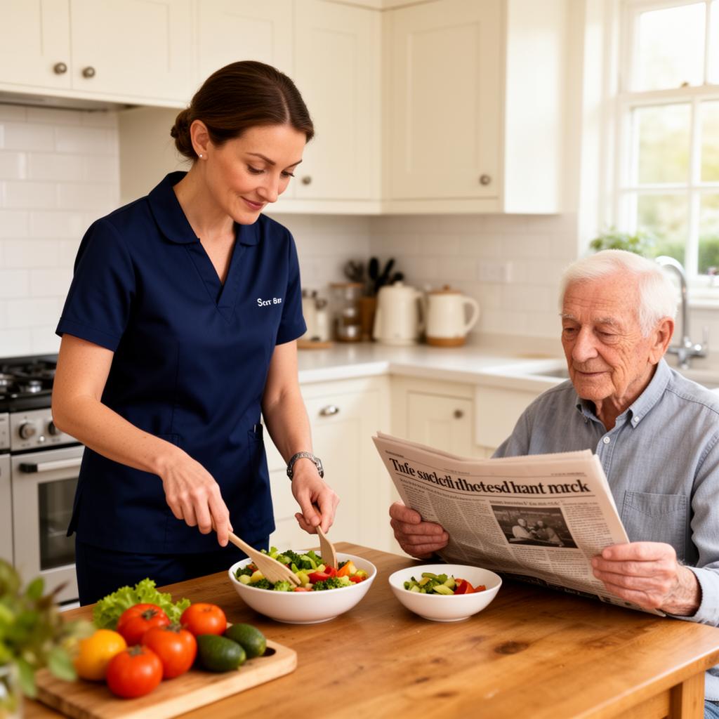 Bridgecare Solutions live-in carer preparing a meal for elderly client at home in Hertfordshire
